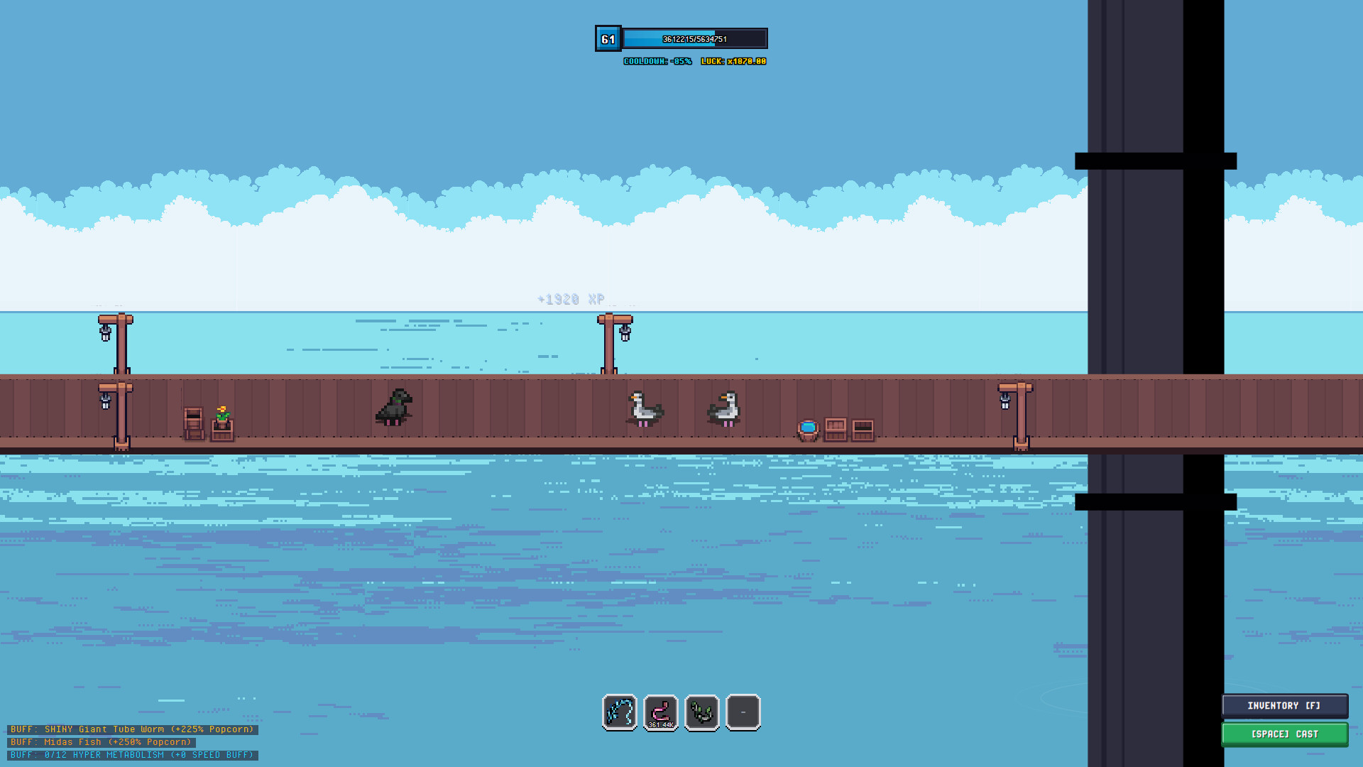 Official Birb screenshot of the fishing bridge and two Seagulls.
