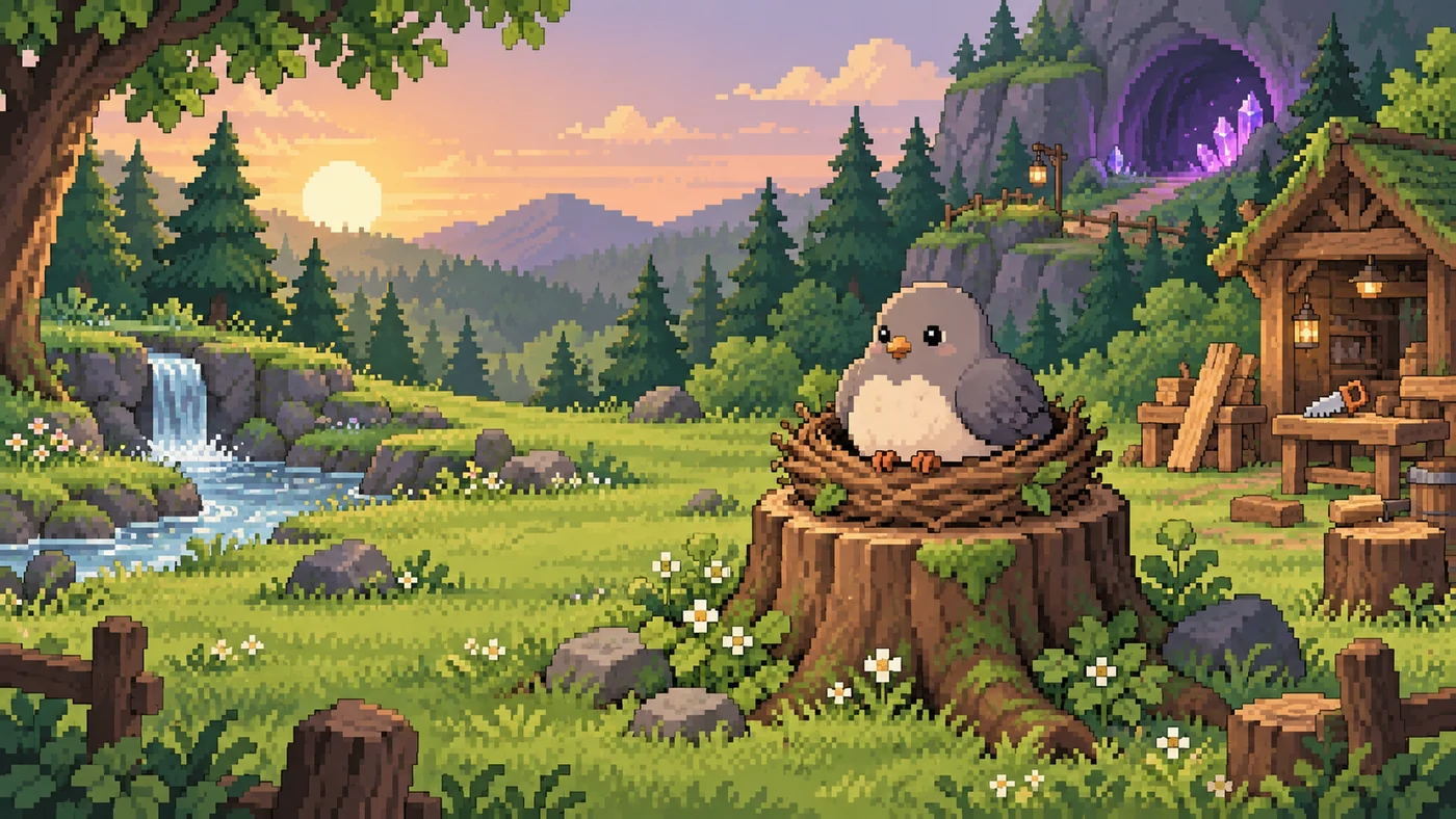 Original pixel illustration of a pigeon in a woodland nest beside a small wooden workshop.